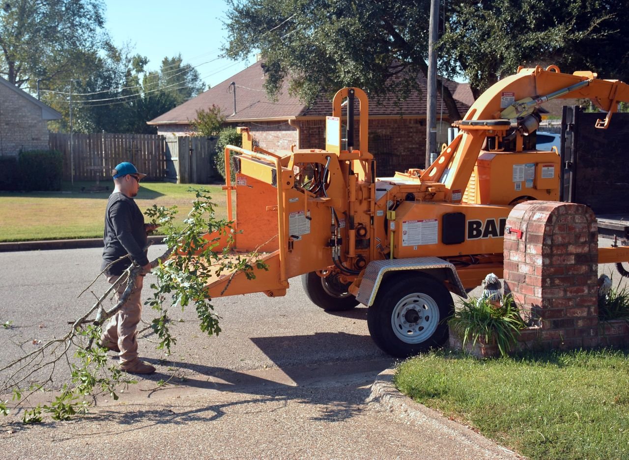 A person operates a wood chipper to trim and manage tree branches outdoors.