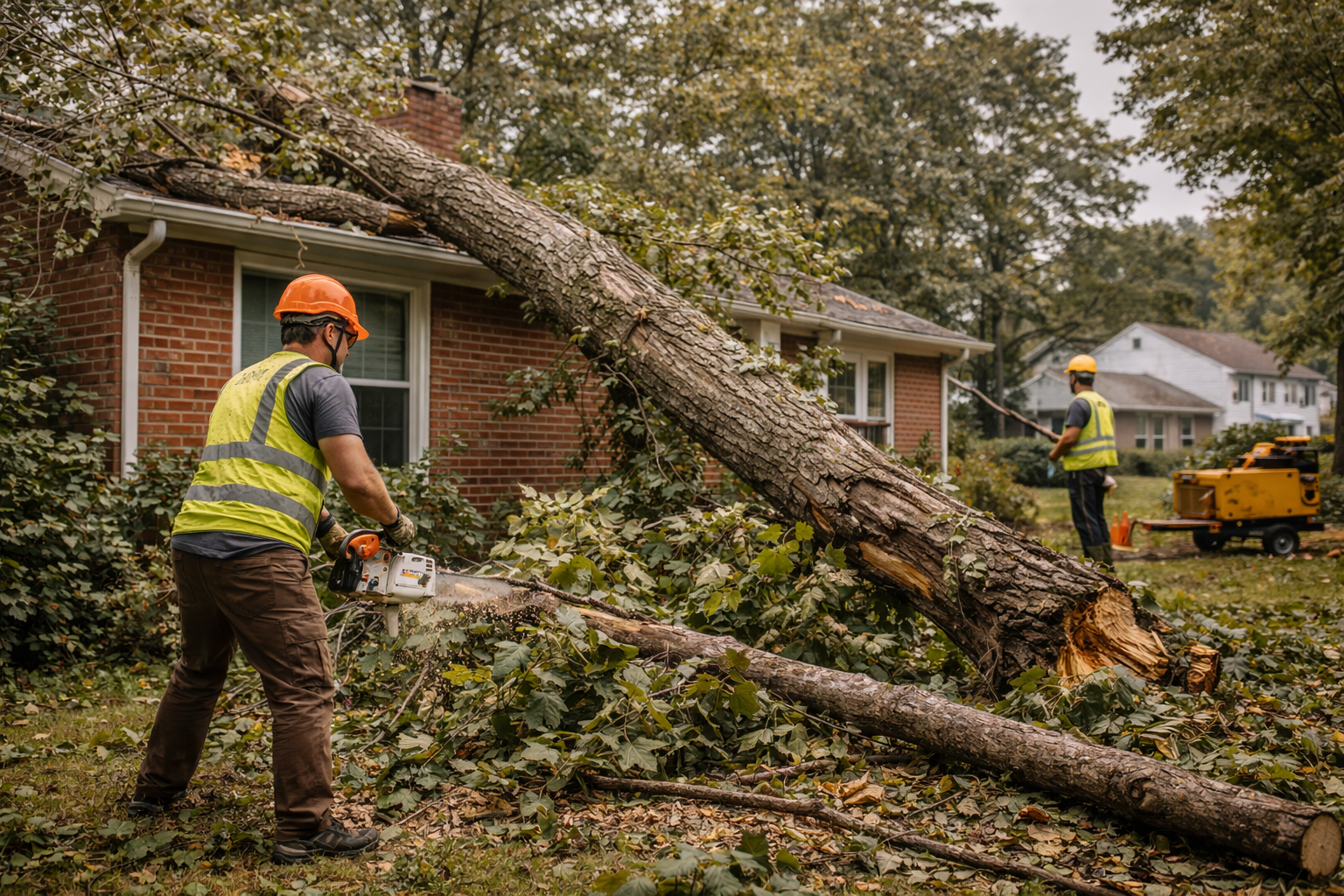 Storm-damaged tree being removed from a house in Yakima