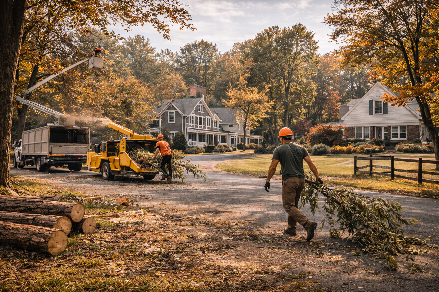 Tree removal crew with a bucket truck and wood chipper clearing branches at a Yakima home